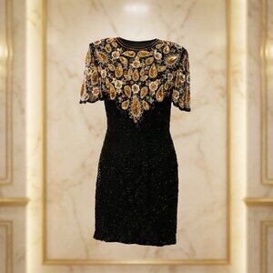 Vintage Dress Laurence Kazar Black and Gold Hand-Embroidered Dress
